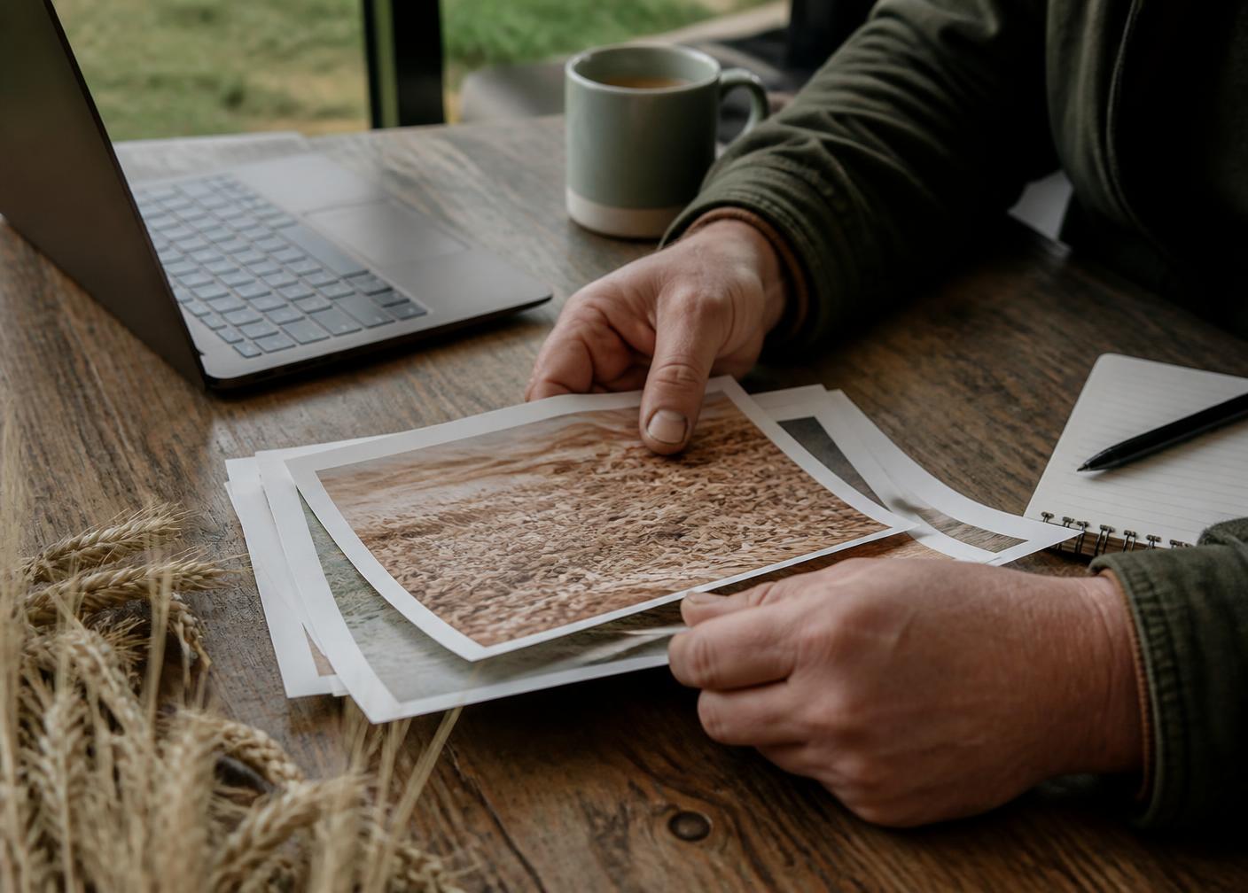 A farmer reviewing printed crop reports beside a laptop at a kitchen table